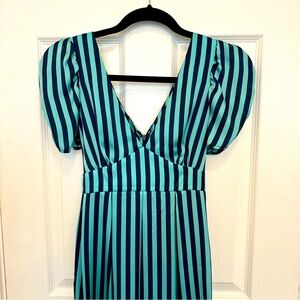 Striped fitted waist puff sleeve dress